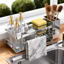 HoMaNa Sponge Holder for Kitchen Sink, Stainless Steel Sink Caddy Organizer, 30 Tilt Self-Drainage, Sponge Holder with Dish Brush Holder, Removable Dishcloth Rack for Kitchen Storage Box, Silver