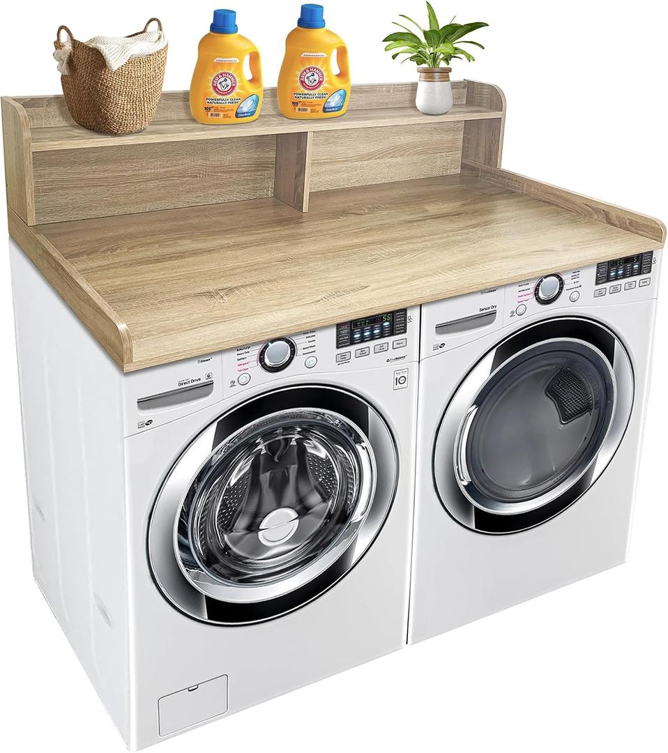 Royxen Laundry Countertop with 2-Tier Shelf Universal Fit, Washer and Dryer Countertop with Storage Space, Shelf Height 11.5 Inches, Solid Wood Core, White Oak, 54 inches x 27.5 inches x 11.5 inches