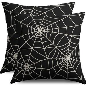Halloween Spiderweb Pillow Covers 18X18 Set of 2, Black Cream Spider Web Throw Pillowcases Outdoor Holiday Theme Pillow Cases Farmhouse Cushion Cases Couch Sofa Bed Home Decor