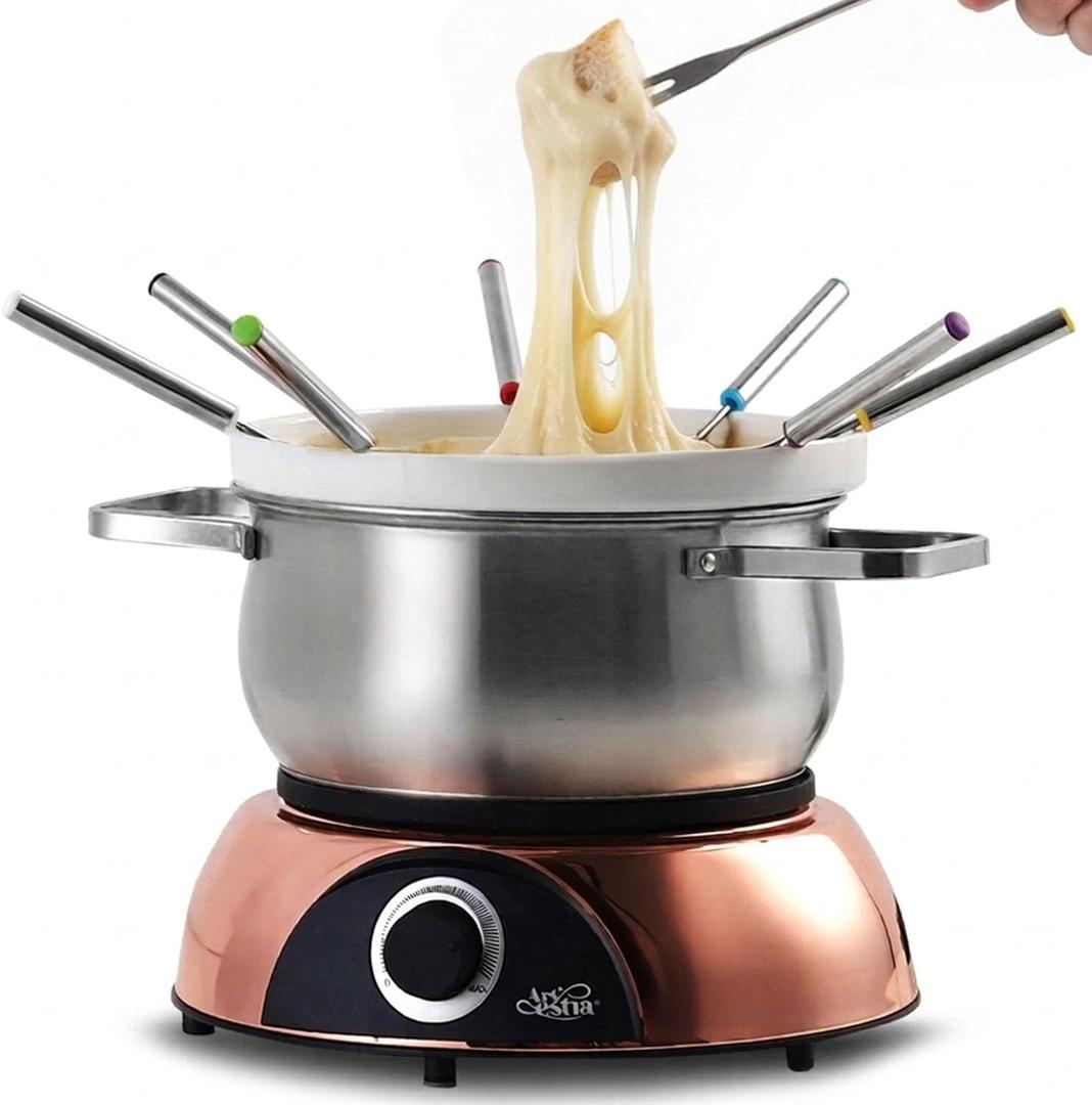 Artestia 3-in-1 Electric Fondue Pot 2.6QT  Chocolate, Cheese & Meat Hot Pot, 1500W High-Power with Removable Stainless Steel & Ceramic Bowls, Perfect for Parties, Family Dinners & Gifts