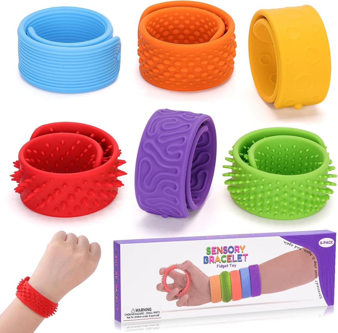 6 PCS Fidget Slap Bracelets Toys for Kids Adults Textured Silicone Bracelet Sensory Toys for Autism Anxiety ADHD Calm Down Corner (Multicolor 1, 6 Pcs)