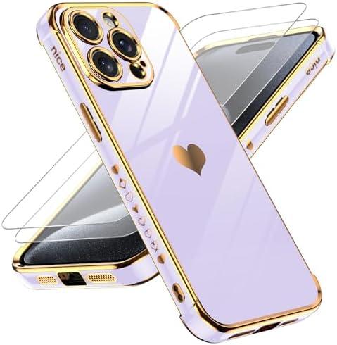 LeYi for iPhone 15 Pro Case: with Tempered Glass Screen Protector [2 Pcs]+ Full Camera Lens Protection,Love Heart Plating Girly Cute Luxury Soft TPU Shockproof Case for iPhone 15 Pro,Purple, Pack 5