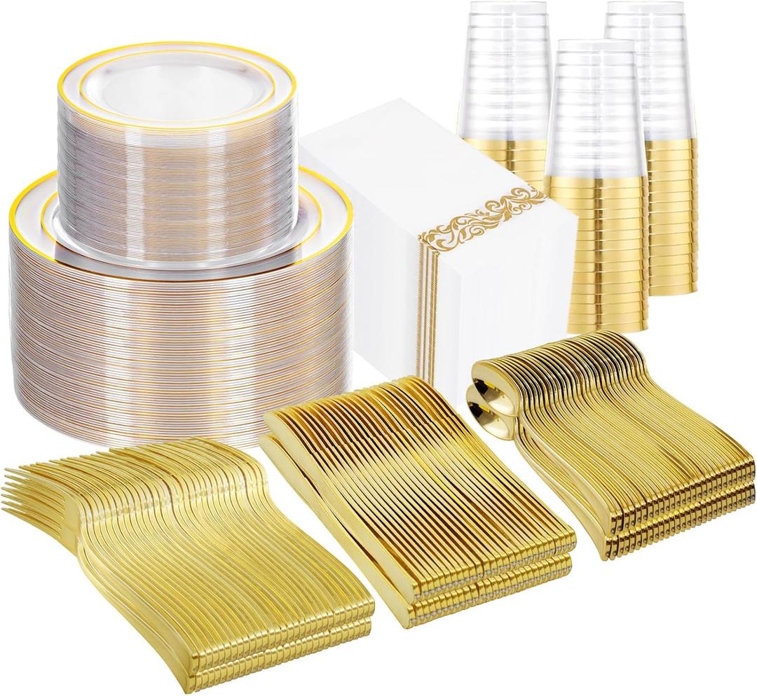 700 Pieces Gold Dinnerware Set - 100 Guests Clear Disposable Dinnerware Set for Party, Wedding, Include: 200 Clear Plates with Gold Trim, 100 Cups, 100 Napkins, 100 Plastic Silverware Sets