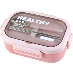Stainless Steel Lunch Box, 2 Compartment Bento Box for Adults, Easy to Clean, Leak-Proof Design, Food Storage Container with Tableware for Family, Work, Picnics and Travel(850ml, Pink)