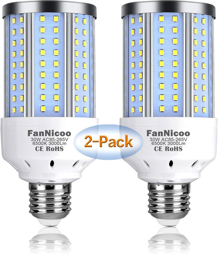 2-Pack 200W Equivalent LED Corn Light Bulb 3000 Lumen 6500K Cool White Daylight 30W LED Corn Lamp E26/E27 Medium Base for Indoor Outdoor Warehouse Garage Basement Backyard Factory Barn and Many Areas
