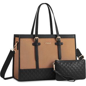 LOVEVOOK Laptop Bag for Women, 15.6 inch Canvas Laptop Tote, Large Capacity Work Bag with Clutch Purse, Office Business Briefcase, Casual Handbag for Travel, College, Teacher, School (Black & Brown)