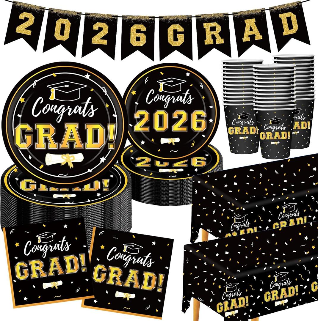2 x Graduation Decorations 2026 Disposable Black Graduation Tableware Kit for 25 Guests Plates Napkins Cups Tablecloth Hanging Graduation Party Decorations 2026