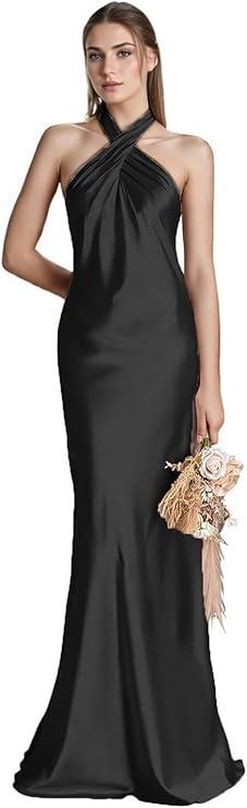 Halter Bridesmaid Dresses for Wedding Guest Dress Satin Mermaid Formal Evening Dress Long 2025 (Black)