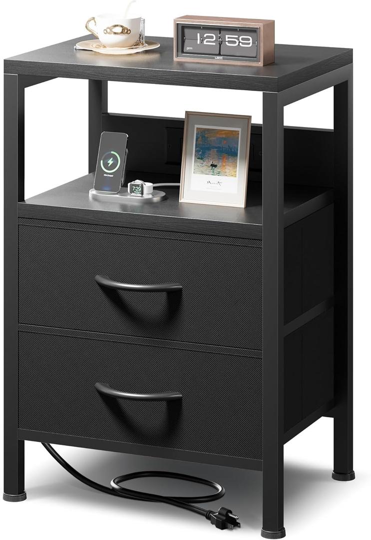 NightStand Bedside Charging Table Bedroom - Night Stand with Charger Station, Modern Nightstand with Open Shelf & 2 Fabric Drawers, Bed Side Table with USB-C Port for Dorm, Black