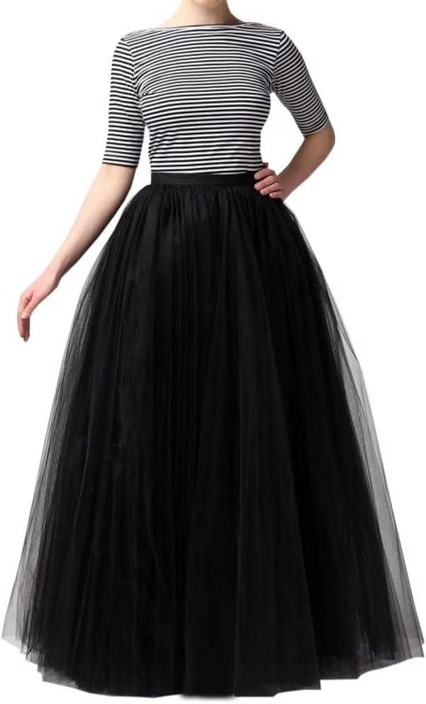 WDPL Wedding Planning A-line Maxi Long Tulle Skirt for Women Foor Length Evening Party Skirts (Black)