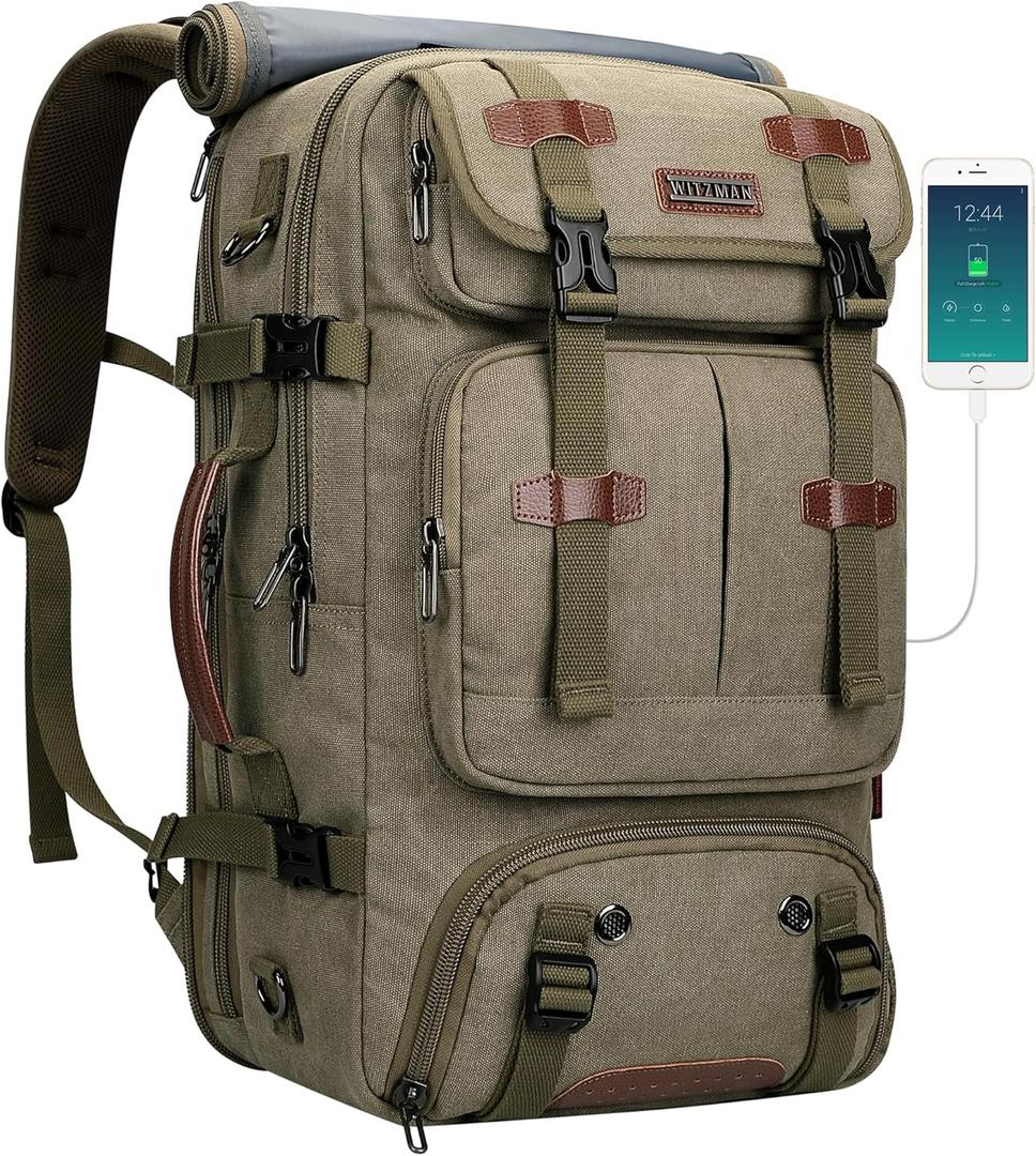 WITZMAN Travel Backpack for Men 40L Large Carry-on Airline Approved Convertible 3 in 1 laptop Bags Fit 16 inch (A8013 Army Green)