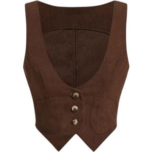 MakeMeChic Women's Vintage Cowboy Chic Corduroy Tank Top Deep V Neck Sleeveless Button Down Crop Tops (Large, Chocolate Brown)