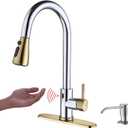 Touchless Kitchen Faucet with Pull Down Sprayer, Motion Sensor Kitchen Faucet with Soap Dispenser, Single Handle High Arc Pull Out Faucet for Kitchen Sink RV Kitchen, Gold and Polished Chrome