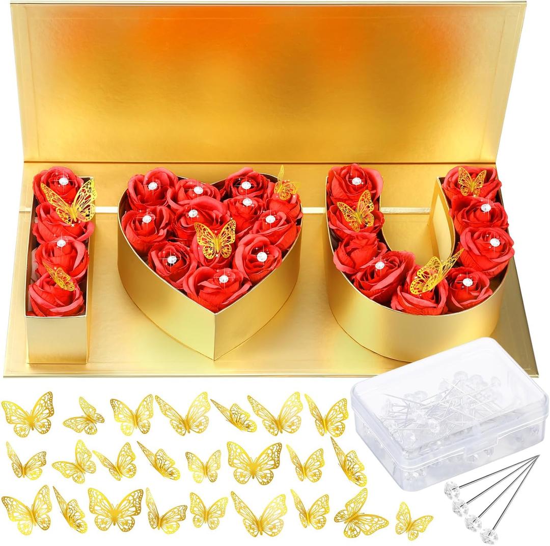 Ireer 75 Pcs I Love You Gift Box Valentines Day Flowers Boxes with 24 Golden Butterfly Decor and 50 Bouquet Flower Pins Valentines Day Heart Shape Box for Him Her Arrangement Decoration(Gold)