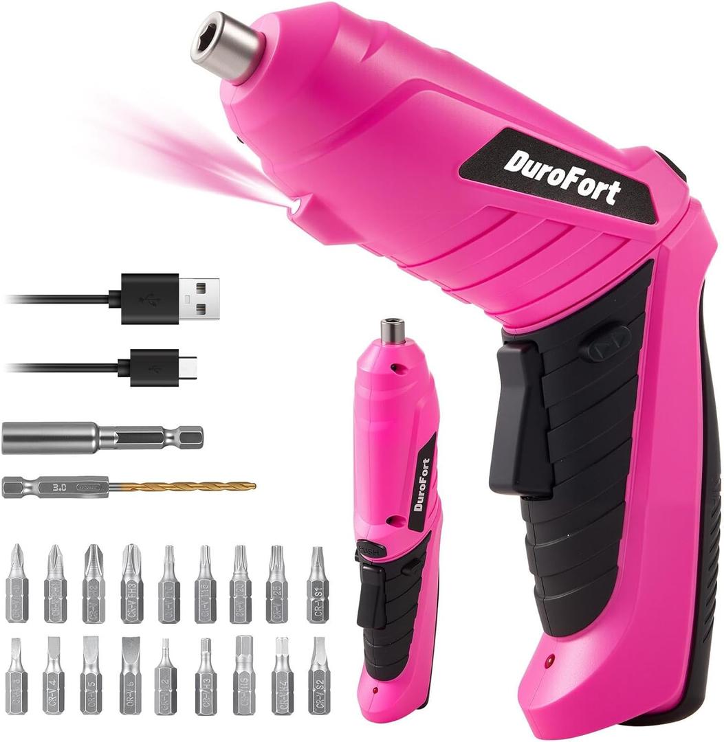 Pink Cordless Electric Screwdriver Set, 3.7V Rechargeable Small Electric Drill with 25pcs Driver Bit Set, Power 3Nm Screw Gun with 2 Position Handle, Flexible Shaft LED Light for Women