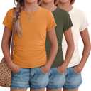 3 Pack Girls Short Sleeve T Shirts Crewneck Slim Fit Tees Ruched Side Summer Basic Tops for Kids 5-14 Years