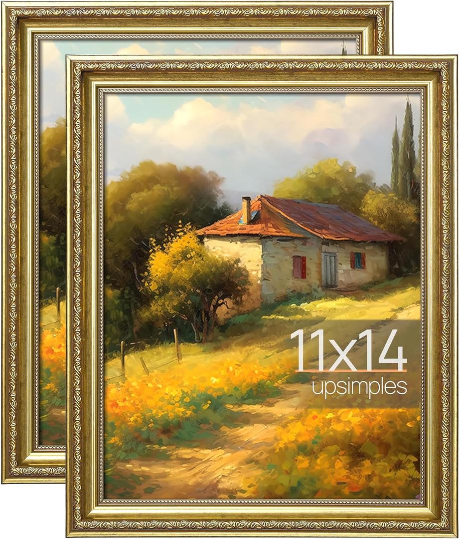 upsimples 11x14 Picture Frame with Real Glass, Ornate Vintage 11 x 14 Photo Frames for Wall Decor, Gold, 2 Pack