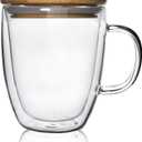 Glass Coffee Mug Double-walled Borosilicate Glass Cup for Hot or Iced Coffee, Milk, Tea (16 Oz Bamboo Lid)