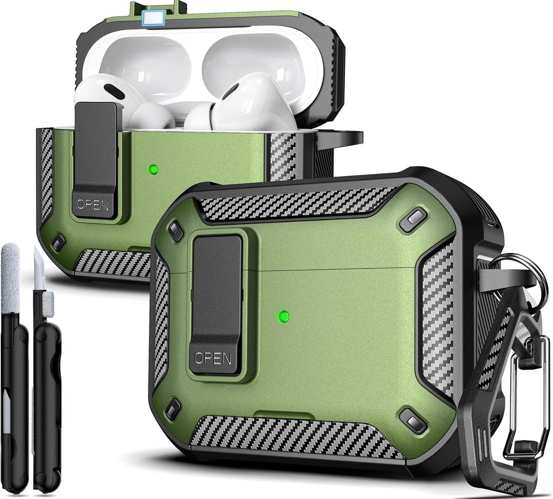 R-fun for AirPods Pro 2 Case with Cleaning Kit,Carbon Fiber Elements Military Drop Proof Auto Pop up Cover, Phone Stand and Magnetic Base with Carabiner Hook Compatible with AirPods Pro 2,Mil Grn