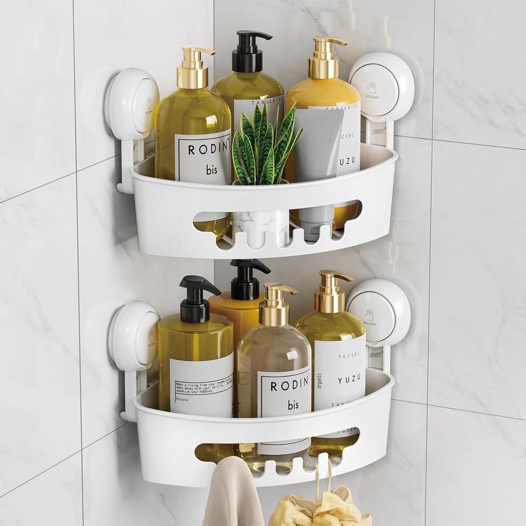 LEVERLOC Corner Shower Caddy Suction Cup, shower shelves suction cup, 2 Pack Basket Powerful Bathroom, Waterproof & Oil-Proof Organizer for Kitchen, No-Drilling Removable (White)