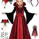 Fantspati Vampire Costume Set for Girls Halloween Dress Up with Choker Bracelet Headband Wand Kids Vampire Costume, L