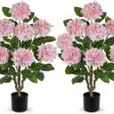 3FT Pink Hydrangea Artificial Flowers Tree 2 Pack Large Real Touch Faux Silk Hydrangea Plants Potted Fake Flower in Black Pot for Home Indoor Outdoor Front Porch Garden Entrance Living Room Decor