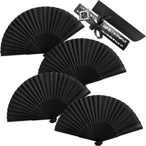 4 Pack Silk Handheld Folding Fans, Decorative Black Vintage Bamboo Hand Held Foldable Fan 8.2in Small Chinese Japanese Retro Style with Case for Women Dance Performance Wedding Party Gift Church