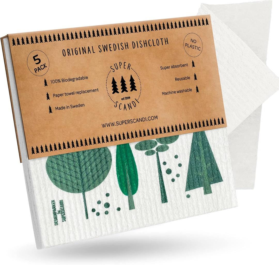SUPERSCANDI 5 Pack Swedish Dishcloths for Kitchen - 100% Biodegradable & Compostable Reusable Paper Towels Washable, Food-Safe & Without Plastic - Dish Rags Suitable for Any Surface, Happy Camper
