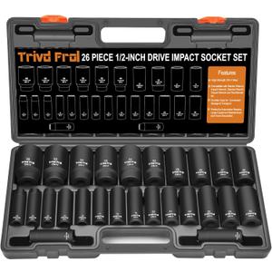 Metric Impact Socket Set 1/2" Drive - Trivd Frol 26 Piece Deep Impact Socket Set 1/2" Drive, Metric Socket Set 10mm to 36mm Large Socket Set, Impact Driver Socket Set, Cr-V Steel, Double Lock Case