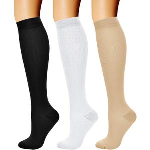 CHARMKING Compression Socks for Women & Men Circulation (3 Pairs) 15-20 mmHg is Best Support for Athletic Running Cycling (Small-Medium, 02 Black/White/Nude)