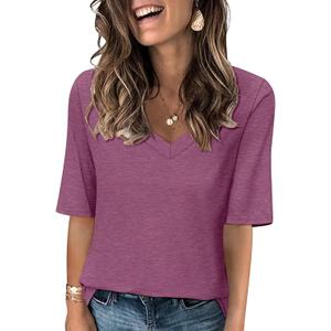 TICTICMISS Women's V Neck T Shirts Half Sleeve Tops Casual Solid Summer Tees (Pink, L)