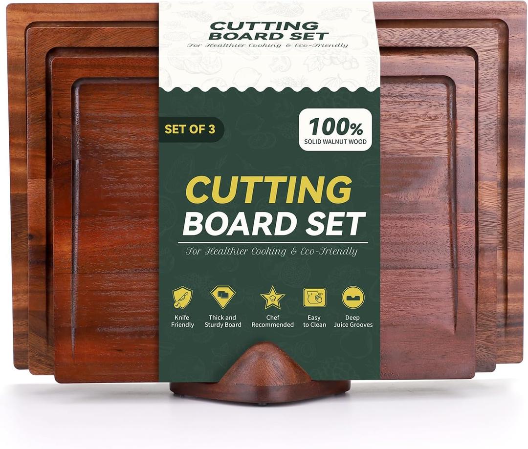 3-Piece Solid Walnut Wood Cutting Boards with Anti-Slip Holder, Chopping Block with Juice Deep Groove & Invisible Handles for Kitchen Meats Vegetables, 100% Natural Walnut, Perfect Housewarming Gift