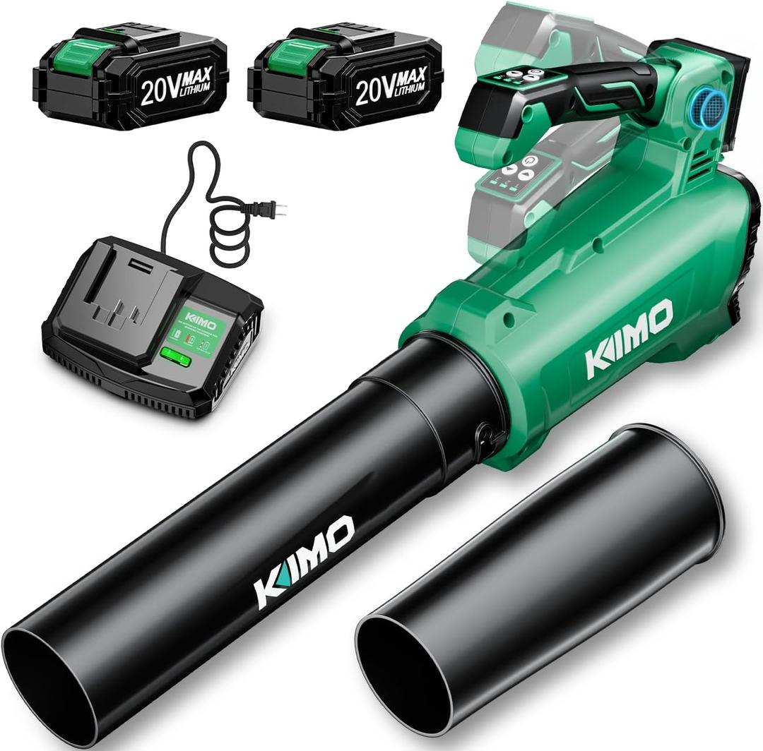 KIMO Leaf Blower Cordless with Battery and Charger, 700CFM/300MPH, Precision Adjustment Handle, 3Speeds w/ Visual Panel, Lightweight, 2 Extended Tube, 2* 2.0 Battery Powered Leaf Blowers for Lawn Care