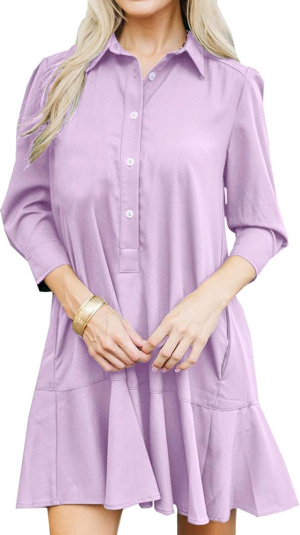 YEXPINE Women's Tunic Mini Shirt Dress Cotton Linen Long Sleeve Button Up Ruffle Hem Loose Casual Summer Pockets Shift Dress (Purple, XS)