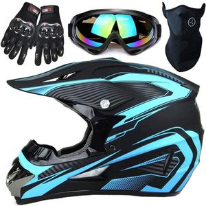 Motocross Helmet,Youth & Kids ATV Dirt Bike Motorcycle, BMX 4-Wheeler Off-Road Mountain Bike Helmet,DOT Certified,W/Gloves Goggles Mask 4-Piece Set (01 Blue, Medium)