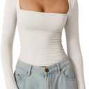 QINSEN Women's Sexy Square Neck Shirt Long Sleeve Double Lined Tees Fitted Going Out Tops (Medium)