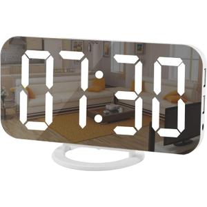 SZELAM Digital Clock Large Display, LED Electric Alarm Clocks Mirror Surface for Makeup with Diming Mode, 3 Levels Brightness, Dual USB Ports Modern Decoration for Home Bedroom Decor-White (001)