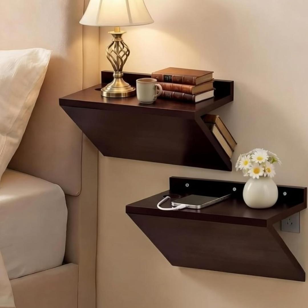 2 Pack 13 x 7 x 5.5 Inch Floating Nightstand Wooden Bedside V Shape Wall Shelf Wall Mounted Hanging Floating Side Tables Bedroom for Bedroom, Living Room, Bathroom, Kitchen, Office