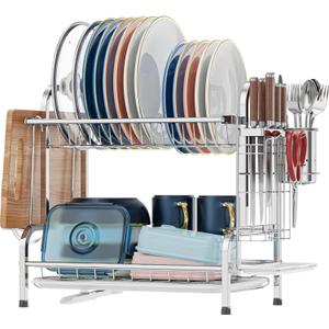 iSPECLE 2 Tier Dish Drying Rack - Stainless Steel Dish Rack for Kitchen Counter with Stainless Steel Utensil Holder and Cutting Board Holder, Silver (Silver- Automatic Drainage)