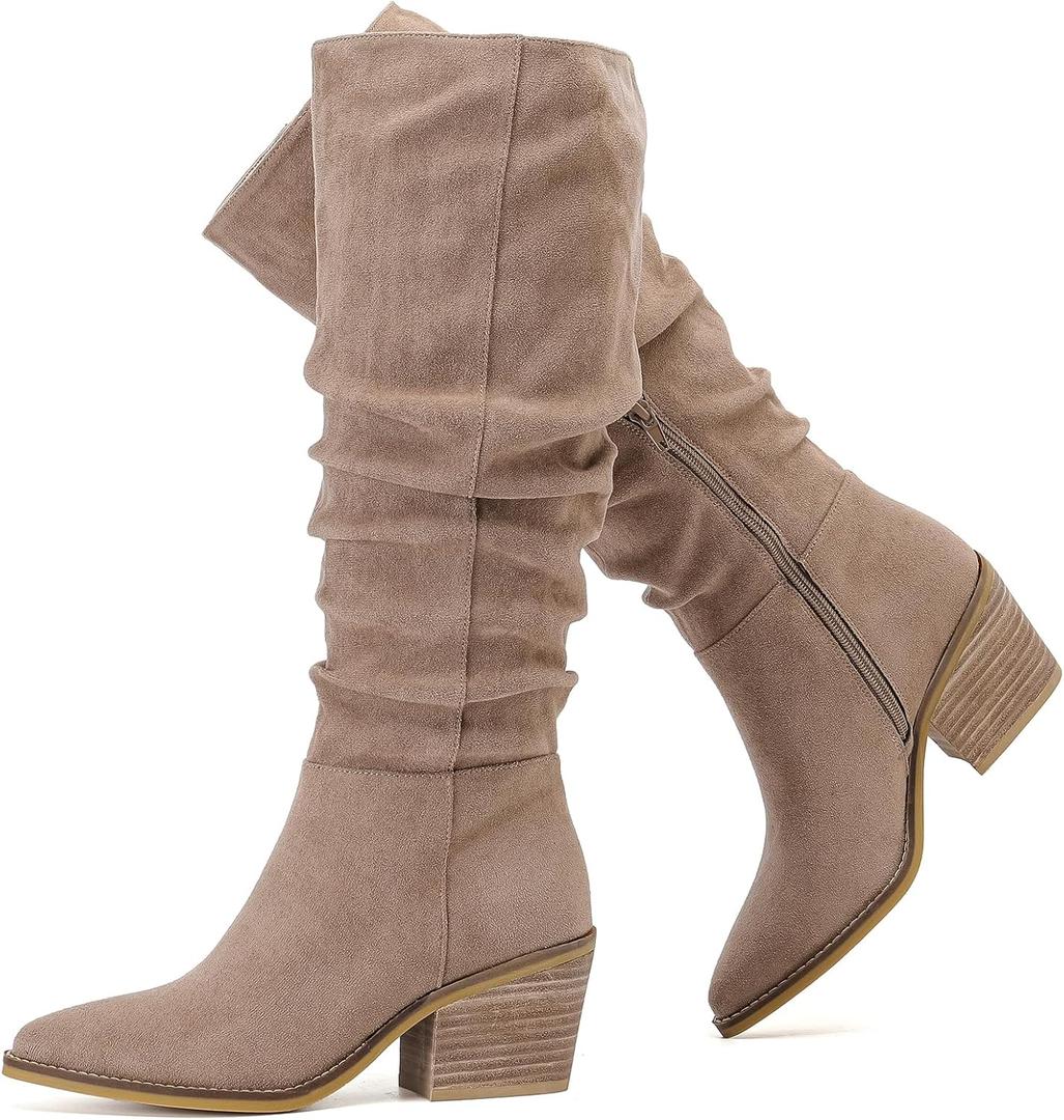 Women's Knee High Boots, Wide Calf Chunky Block Low Heel and Slouchy Pointed Toe Winter Long Boots for Women. (8.5, Beige Mf 961)