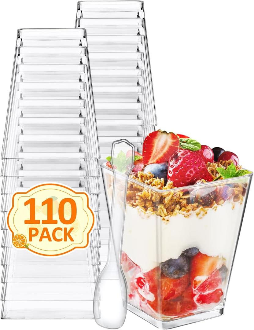 110 Sets 5oz Mini Dessert Cups with Spoons - Clear Plastic Parfait Cups, Small Tumbler for Puddings, Mousse, Appetizers