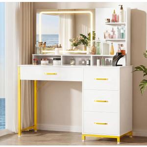 COMHOMA Vanity Desk with Mirror and Lights, Makeup Vanity Table with 4 Drawers & Storage Shelves, Large HD Mirror, 3 Color Modes & Adjustable Brightness, Modern Dressing Table for Bedroom, Pearl White