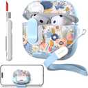 TATOFY for AirPods 4th Generation Case with Phone Stand Lanyard Lock Cleaning Kit, Compatible with Magsafe, Flowers Hard AirPod 4 Cover for Women (Blue, AirPods 4th)