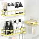 YASONIC Shower Caddy Adhesive, No Drill Bathroom Shower Organizers, with Removable Hooks and Soap Holder, Rust Proof Shower Shelves, Wall-Mounted Shower Holder, 3 Pack, Gold
