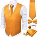 Men's Vest Tie Set Bow Tie Satin V-Neck Solid Colors Suit Waistcoat Cufflinks hanky Formal Wedding Business Tuxedo (Yellow)