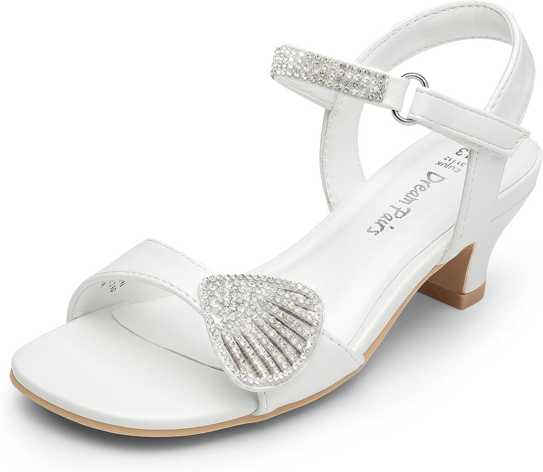 DREAM PAIRS Girls Sandals Ankle Strap Square Toe Low Heel Crystal Shell Wedding Party Flower Dress Shoes for Little Kids/Big Kids (White)