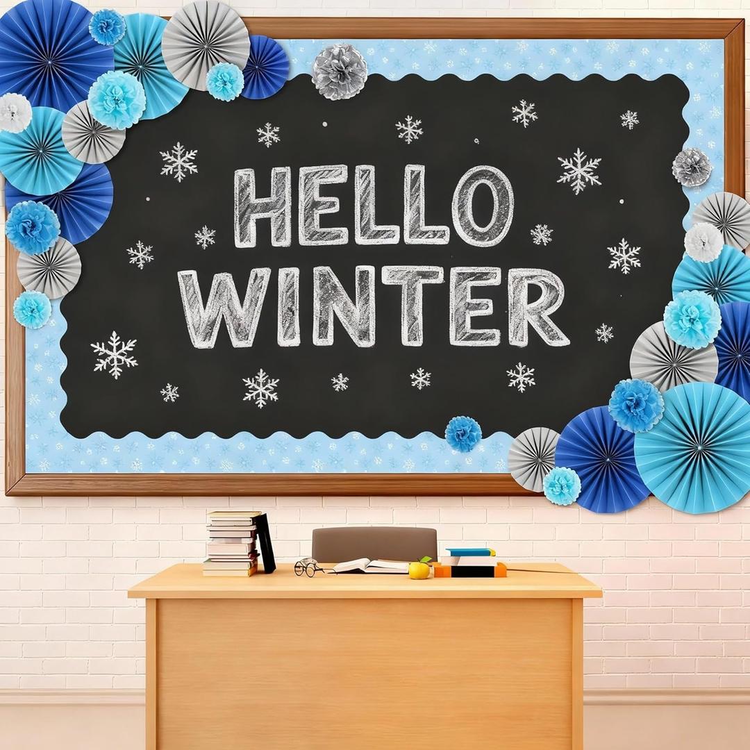 Supervitae 50 Pcs Winter Bulletin Board Decorations with 3D Paper Fans Blue White Tissue Paper Flowers DIY Snowflake Bulletin Board Borders for Christmas Home School Classroom Party Wall Decor