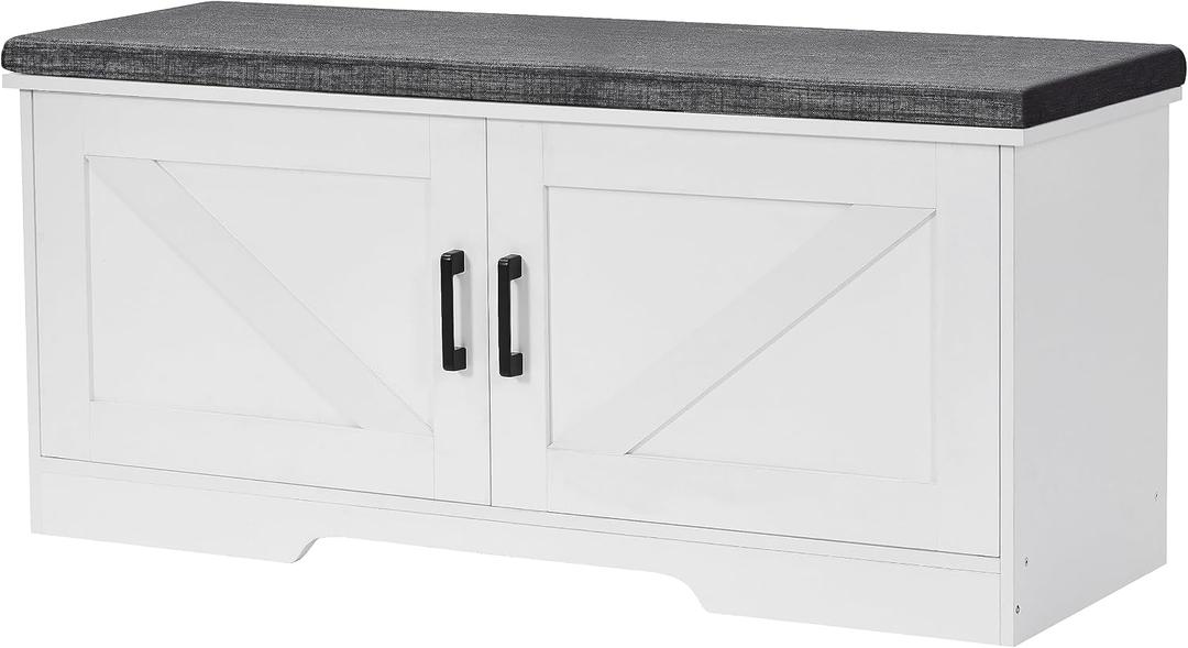 HOMSHO 2-Tier Storage Bench, 39.4" Wide Shoe Bench with Padded Seat Cushion, Entryway Bench with 2 Barn Doors and Adjustable Shelf, White