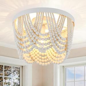 Bohemia Wood Beaded Flush Mount Ceiling Light Antique Rustic Mini Chandelier White 3-Light Boho Light Fixture for Bedroom,Nursery Room, Girl Room, Hallway, Entryway, Passway, Dining Room, UL Listed
