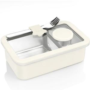 Stainless Steel Bento Box for Adult, 42oz Leak-Proof Metal Lunch Box Containers with Adjustable Divider, Microwave-Safe, Lunchbox with Glass Lid for Work Travel (1-3 Beige)